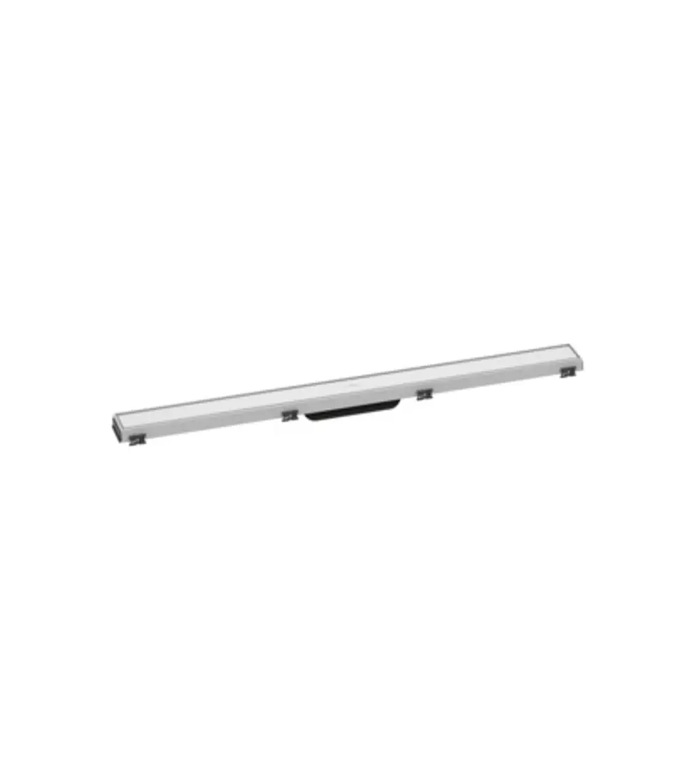 Weißes, rechteckiges Duschrinnelement mit einem höhenverstellbaren Rahmen. Gezeigt ist ein Produkt von Hansgrohe, ohne klare Abmessungen oder zusätzliche Details.